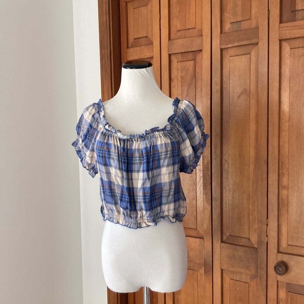 NWT Pink Rose Blue Plaid Crop Top, Size L